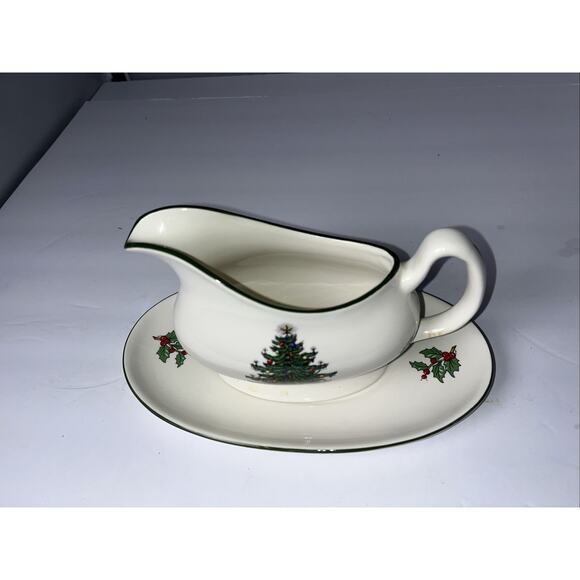 Cuthbertson Original Christmas Tree Wide Green Band Gravy Boat With Plate VNT - Picture 2 of 8